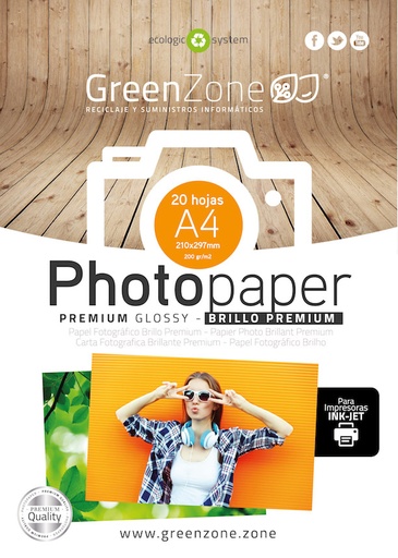 [GPPA420200] Papel fotográfico Green Zone A4 (210x297 mm.) 200 grs. 20 hojas, Brillante